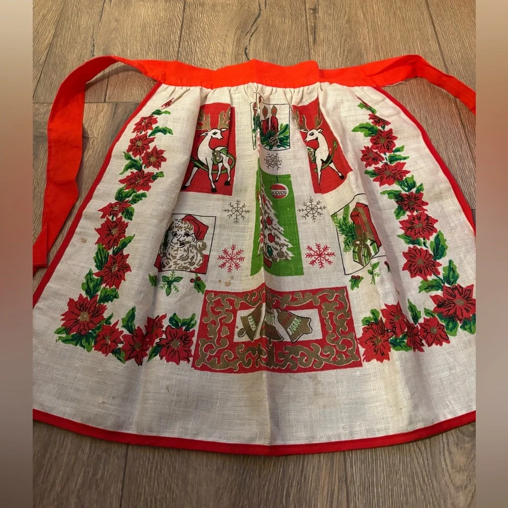 Vintage Linen Festive Red and White Apron Skirt Baking Holiday Christmas